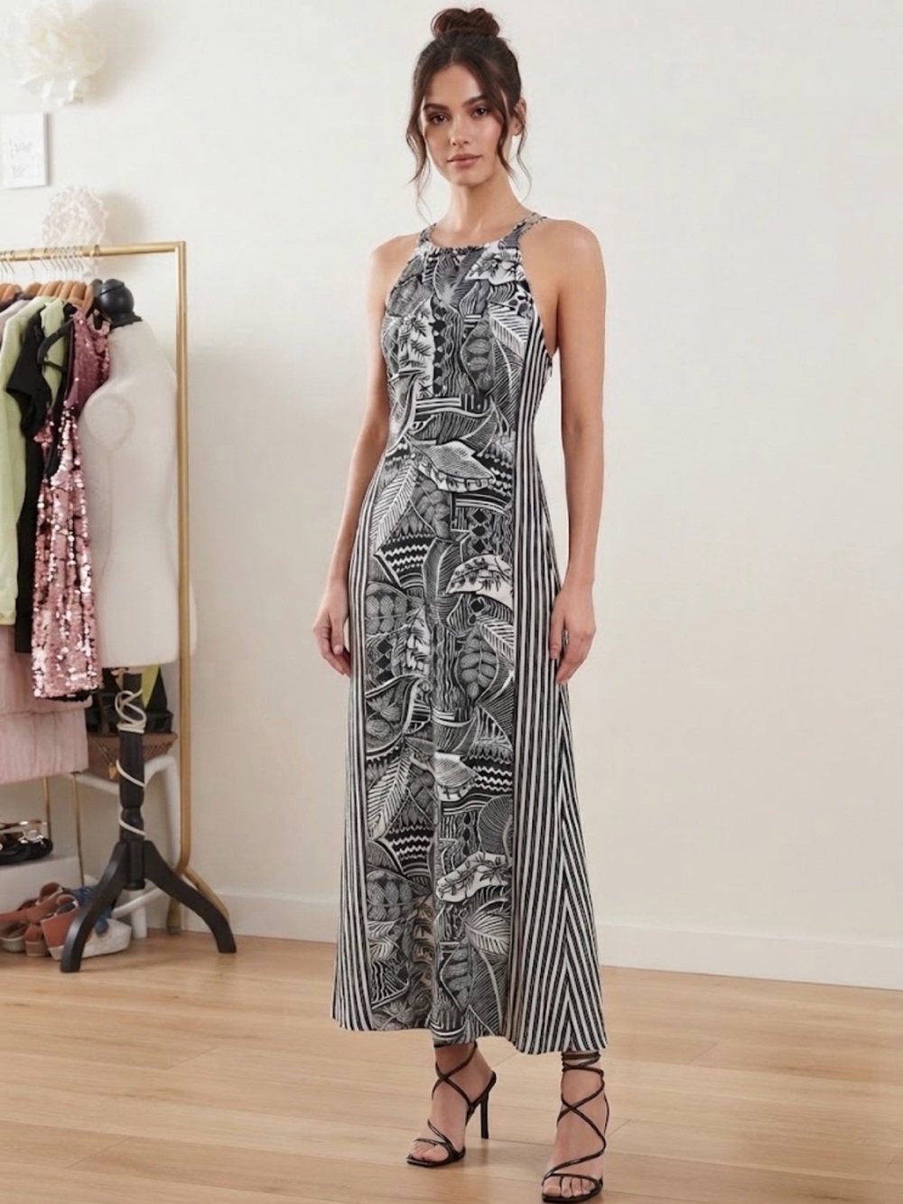 Chico's Black & White Patterned Halter Maxi Dress